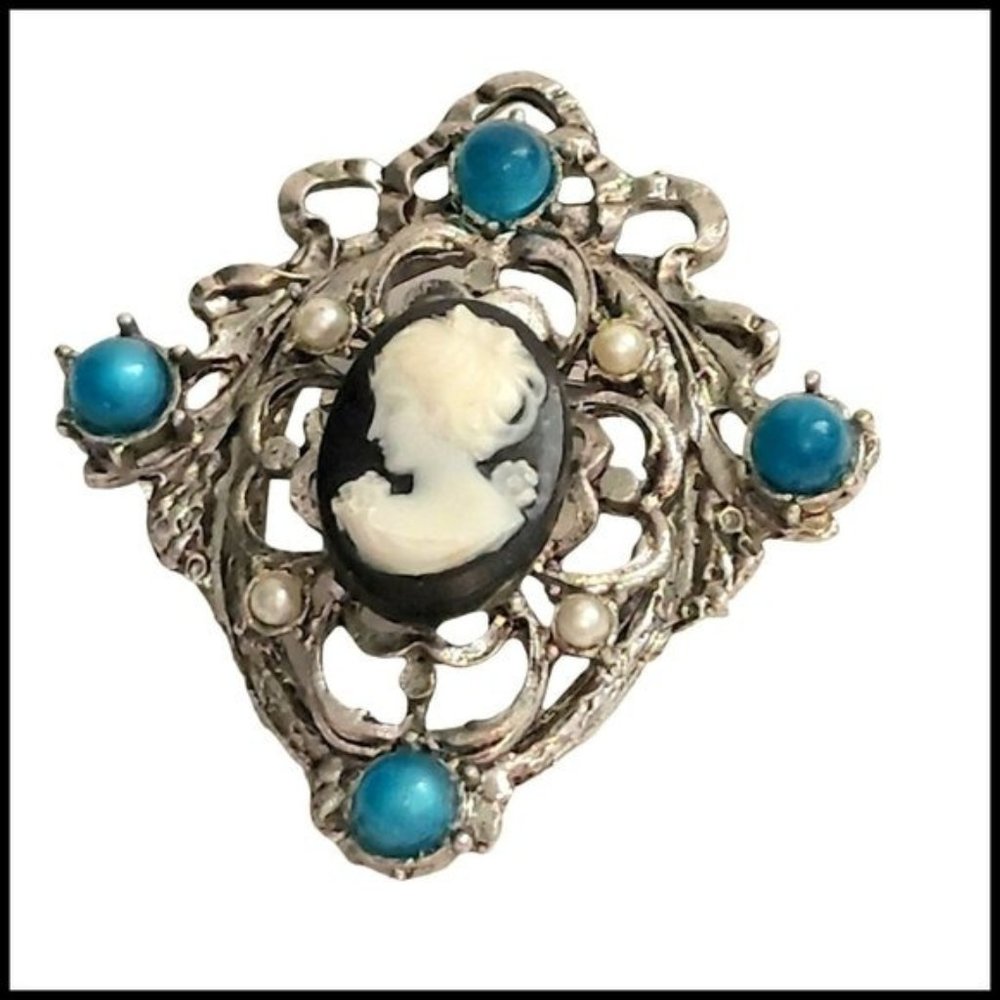 Vintage Silver‎ Tone Cameo Brooch Blue Turquoise Color Stones Faux Pearl